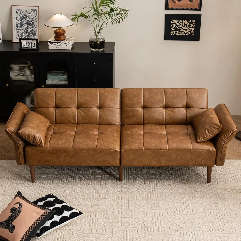 "85" Futon Sofa Bed - Storage & Adjustable Armrests, Faux Leather Mid-Century Sleeper for Small Spaces"