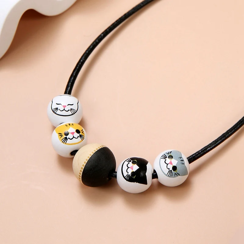 Cute Printing Cat Wood Beads Pendants Choker Necklaces for Women Vintage Handmade Beaded NecklaceJewelry