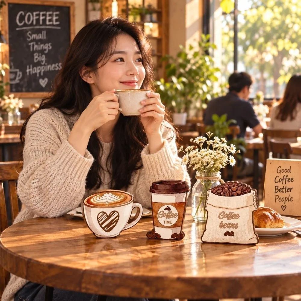 3 pcs Country style Desktop Ornament Retro Coffee Cup Decorative Wooden Board Coffee Beans Home Decoration Coffee Shop