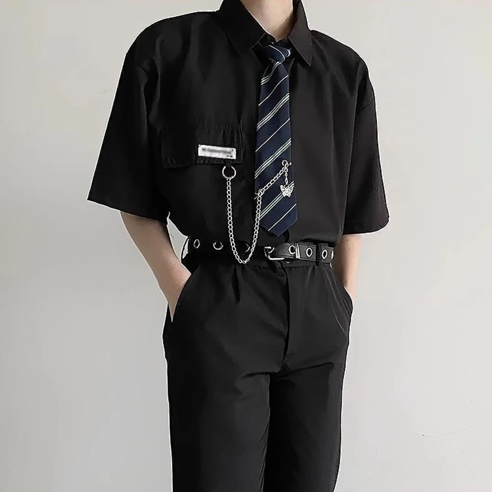 Mens Tie College Y2k Chain Dk Shirt Streetwear Fashion Youth Trend Elegant Campus City Boy Lightweight Short Sleeve Top 2026