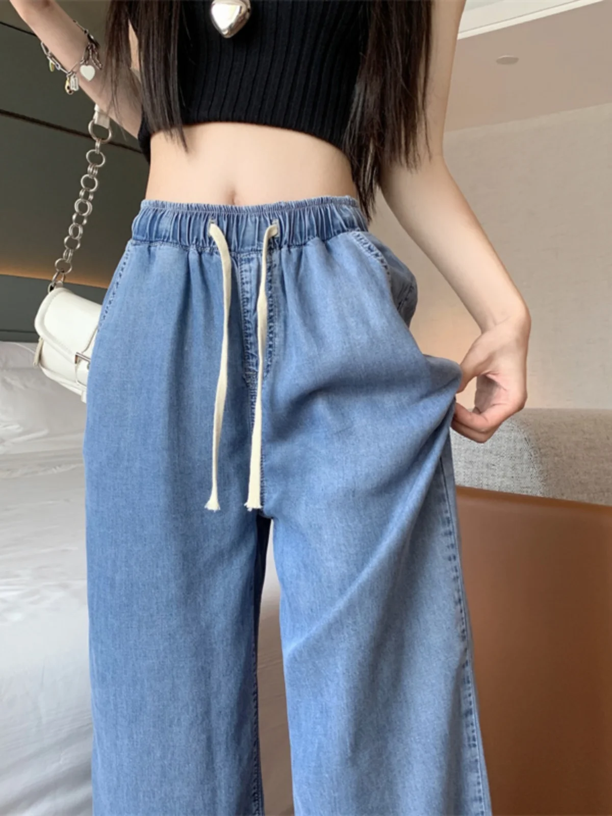 جينز نسائي عالي الخصر وواسع الساق صيفي رفيع وفضفاض وخصر مرن وفضفاض مناسب للتخسيس سروال طويل #3