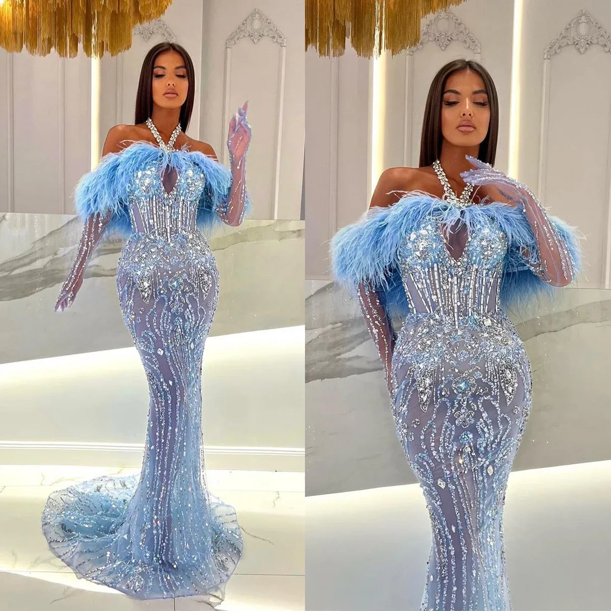 Gorgeous Blue Mermaid Halter Prom Dresses Crystal Sequins Feather Evening Gowns Side Split Custom Made Robe De Soirée