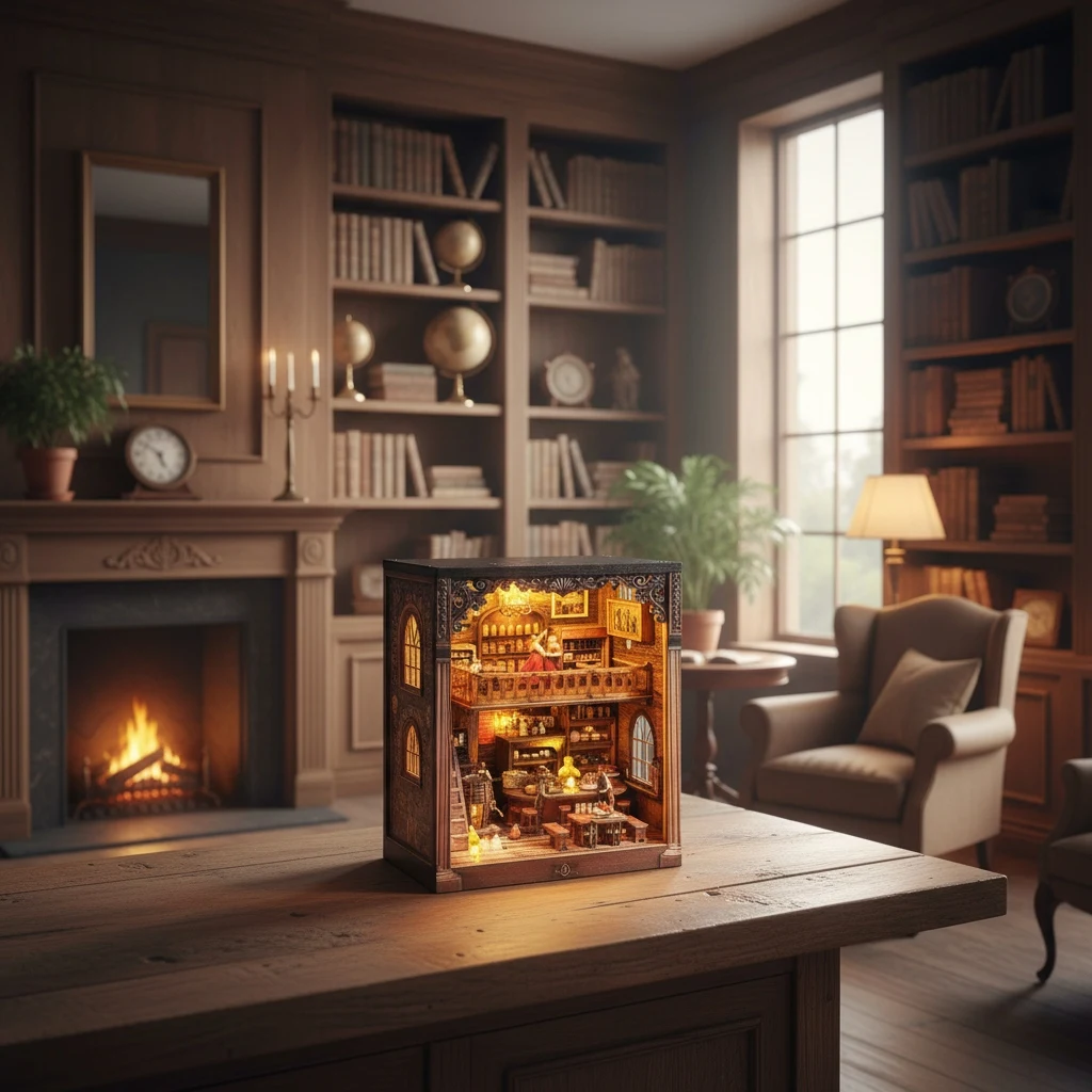 OUZEY Kit de bricolaje de rincón de libros de madera 3D, modelo en miniatura "Vintage Alehouse" con LED, regalo de decoración de estantería del viejo mundo para adultos