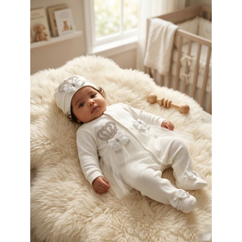 Newborn Baptism Outfit Set - Soft cotton baptismal jumpsuit with rhinestone crown and matching hat and gloves | Footwear Suitabl