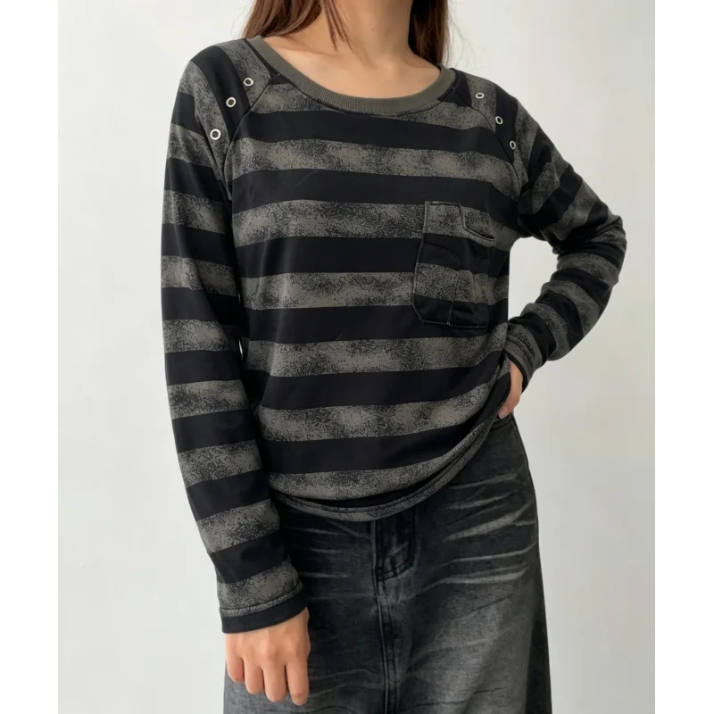 European and American autumn perforated striped loose trendy design long sleeved T-shirt y2k top for women 2026 new item