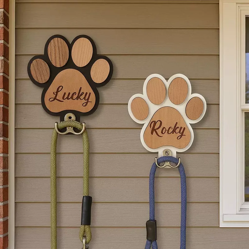 Custom Name Logo Paw Print Wooden Dog Leash Hanger Wall Hook Paw Design Leash Holder For Dog Collars Coats Wall Mount Decor Gift