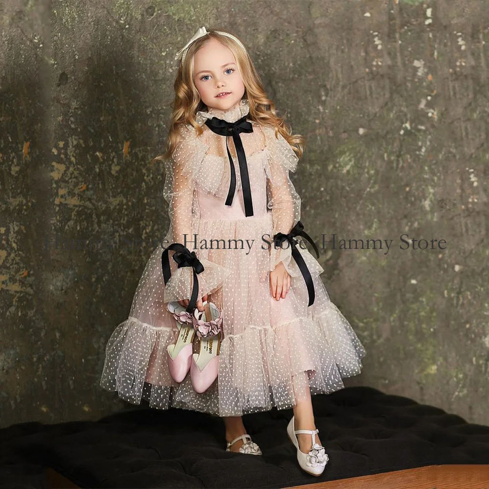 Robes de fête d'anniversaire mignonnes pour filles, robe de reconstitution historique à pois, tutu à manches longues et col haut, ligne A bouffante, robe à fleurs