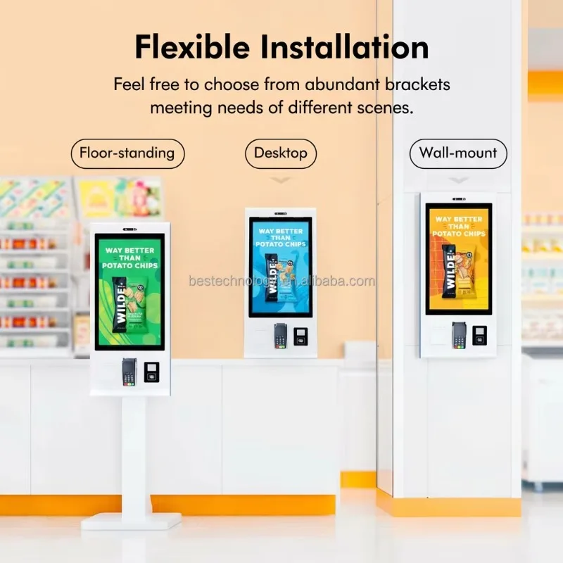 Wireless 4G LTE ordering kiosks with Android 13 and POS stands for food courts and fast food restaurants