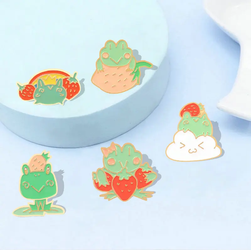 10 PCS / LOT Quack Enamel Pin Custom Frog strawberry Lotus Leaf Brooches Bag Lapel Pin Cartoon Animal Badge Jewelry 