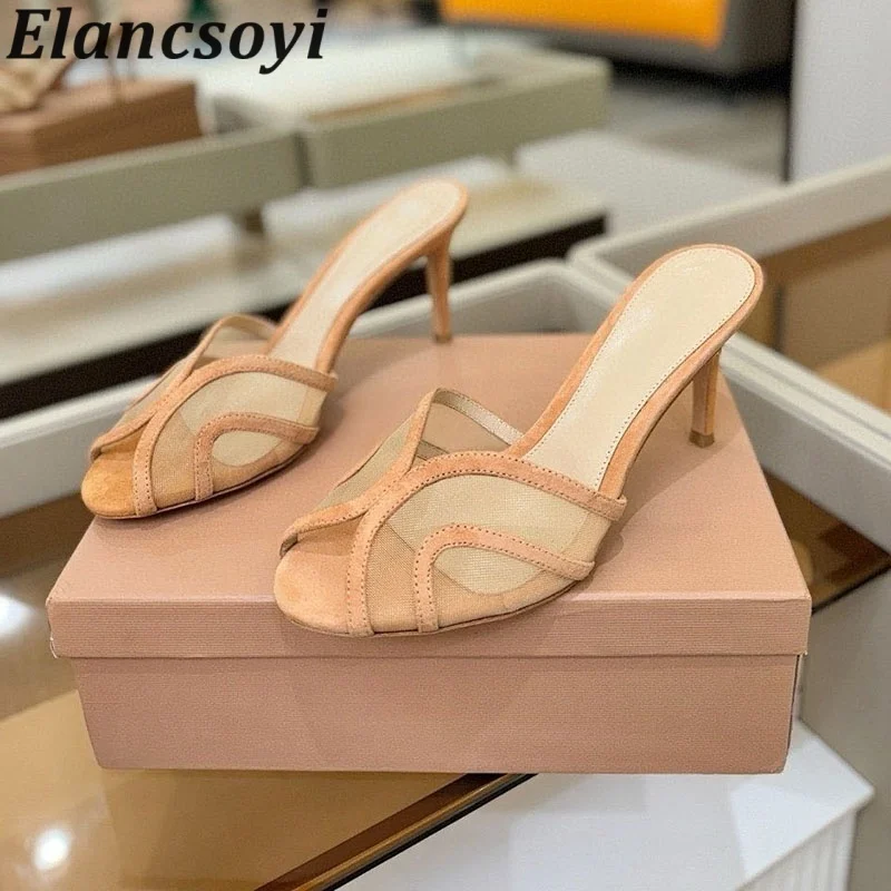 New Slippers Peep Toe Mesh Cow Suede Splicing One Strap Dress Shoes  Women Solid Color Sexy Thin High Heels Sandals Summer Pumps