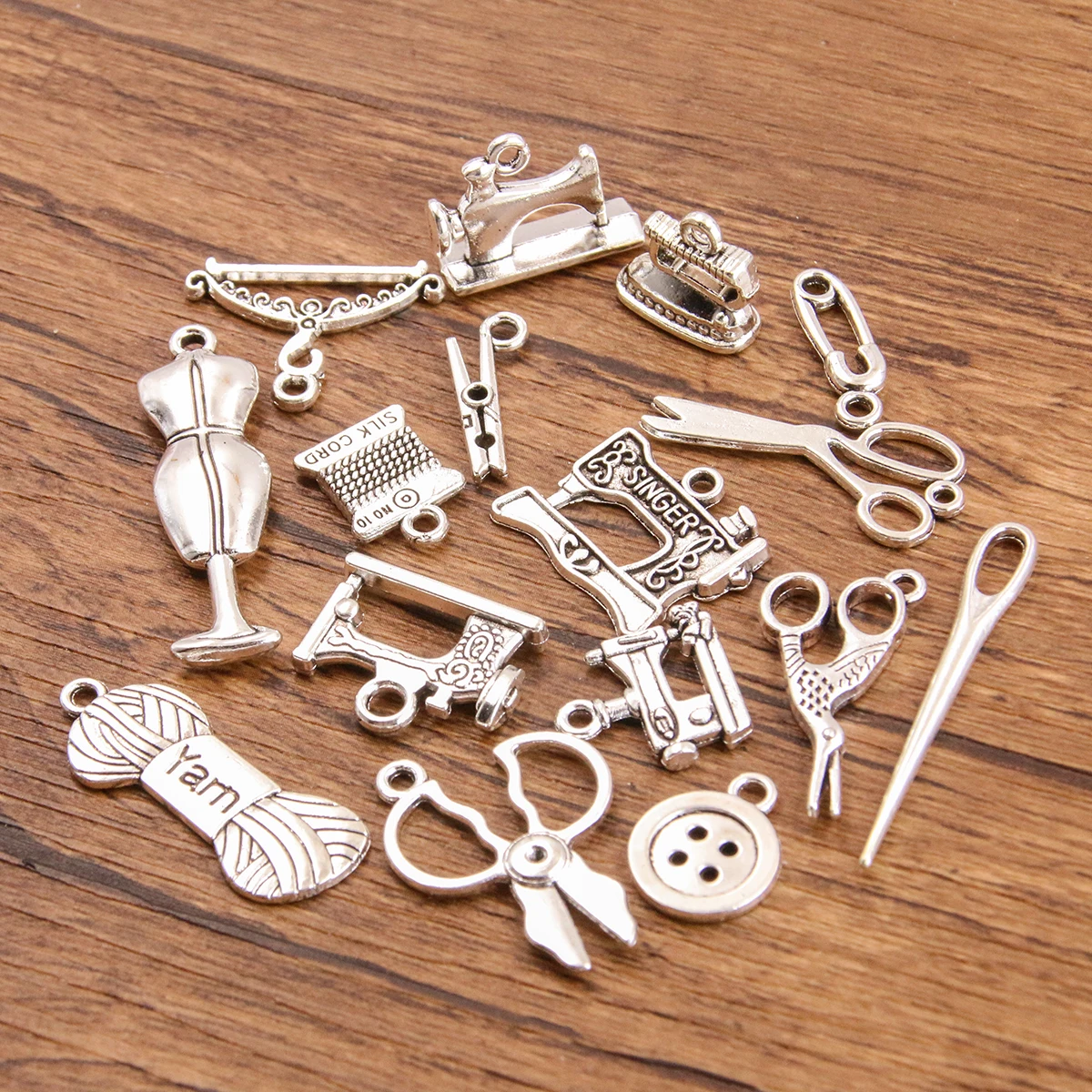 20PCS 16 Styles Mixed Alloy Sewing Tool Kit Charms For Jewelry Making DIY Handmade Scissors Clothes Hanger Clamp Button Pendant