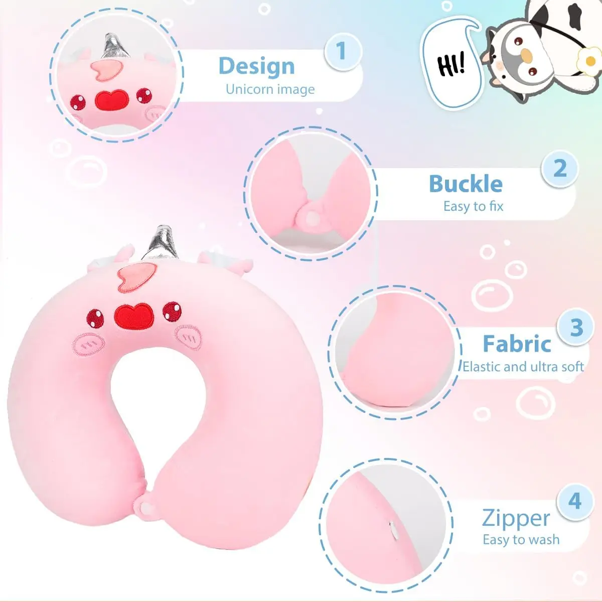 Portable Travel Neck Pillow for Sleeping U-Shaped Animal Unicorn Memory Foam Pillow Neck Support for Long Flights Cars Train