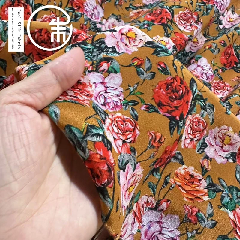 

High Quality Khaki Floral Print Silk Real Silk Designer Crepe De Chine Fabric Summer Thin Dress Clothing Shirt Fabric Breathable