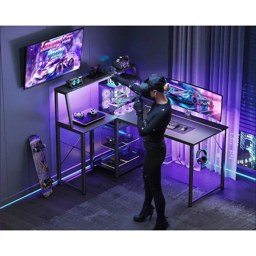 45 Inch L Shaped Gaming Desk with Power Outlet amp LED Lights, Computer Table with Corner Desktop Showcase for CPU Stand, Displ