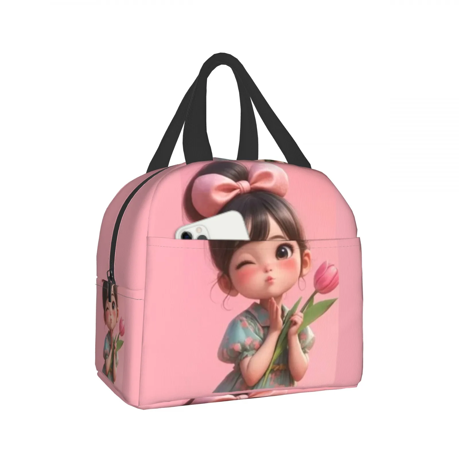 

Kawaii Wink Girl Lunch Bag | Pink Bow & Tulip Print, Insulated Thermal Tote, Keeps Food Fresh, Durable for School/Work