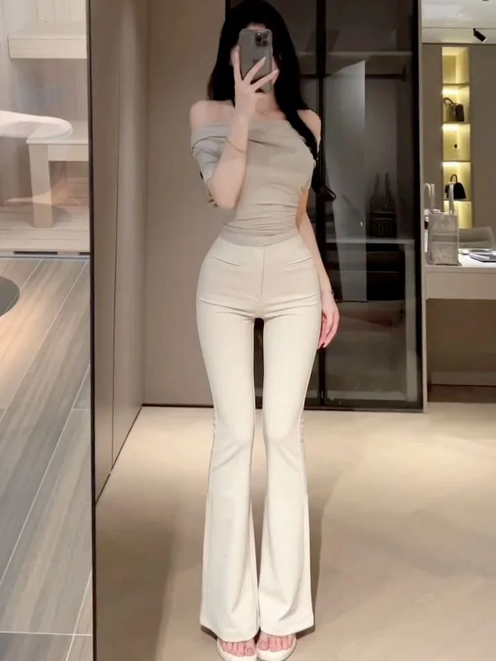 High Quality Korean High Waist Pants Woman Summer Thin High Elastic Skinny Flared Pants Women Elegant Bag Hip Wide Leg Trousers