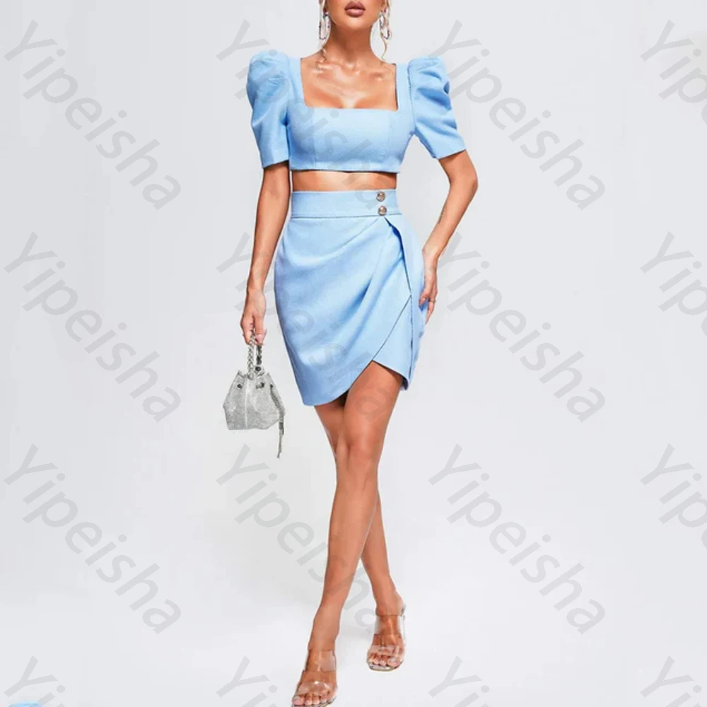 

Elegant Square Collar Short Sleeves Evening Dresses Sexy Two Piece Sets Dress Exquisite High Quality Prom Party Gowns Customized