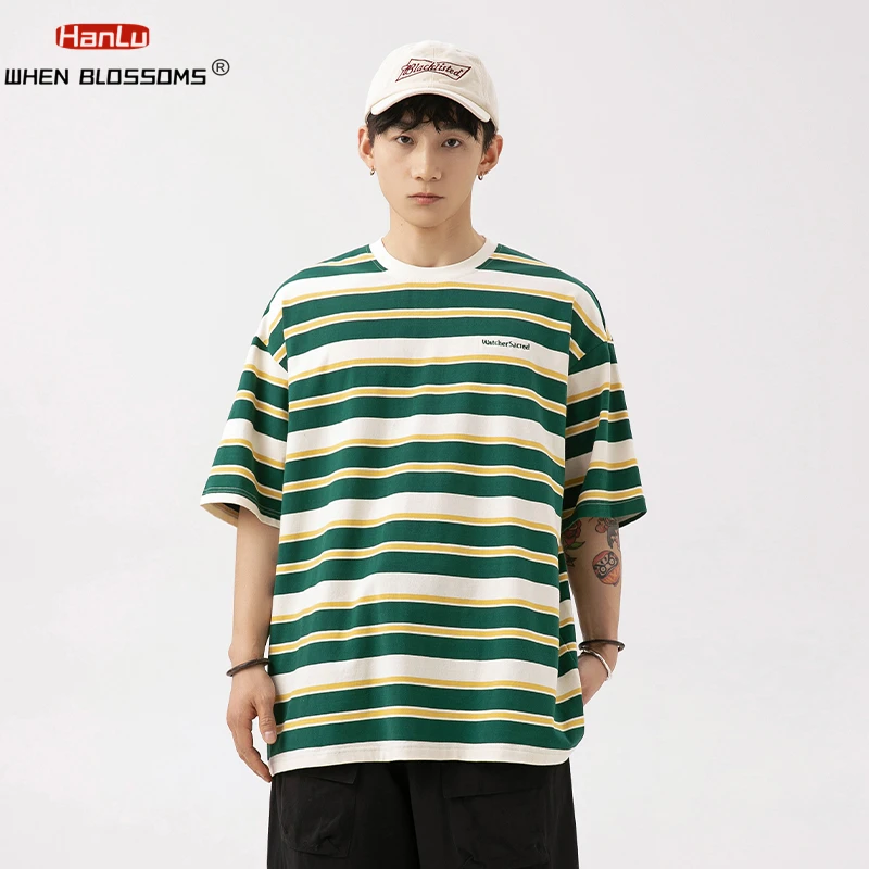 Retro Red Striped Short Sleeve T-shirt For Men Women\'s Summer Oversized Loose Letter Embroidery Trendy Brand T-shirt