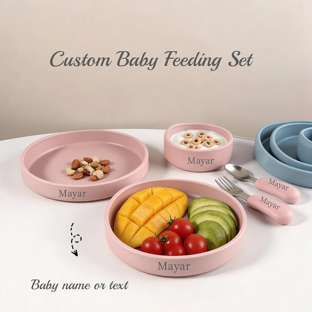 5pcs per Set Custom Name Baby Bowl Spoon Fork Set Plate Silicone Suction Bowl Base Baby Silicone Bear Head Food Grade Silicone