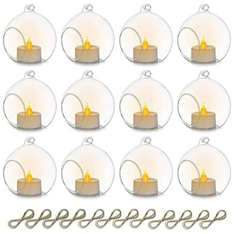 6/12Pcs Hanging Glass Globes Tea Light Candle Holders with Flameless LED Tealight for Wedding Ornaments Birthday Christmas Party