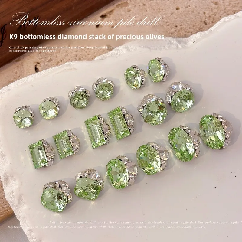 LYLE 3Pcs K9 Olive No Base Stacked Rhinestone Nail Art Charms Light Luxury Sparkly Rock Candy Chunky Square Pigeon Egg Ball Gems