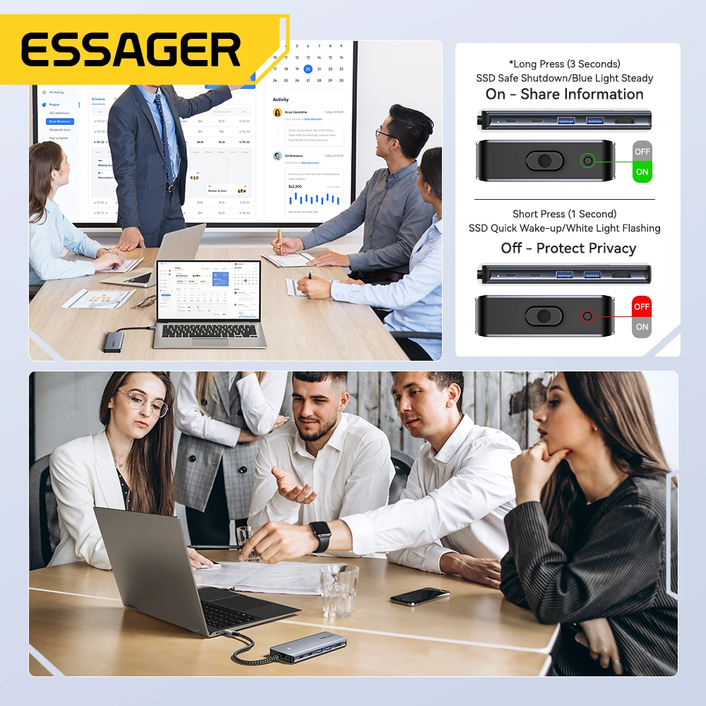Essager USB C Hub mit M.2 SSD Festplattengehäuse 6/7 in 1 PD100W USB3.2 10 Gbit/s HDMI USB Typ C Adapter für MacBook Pro Air PC
