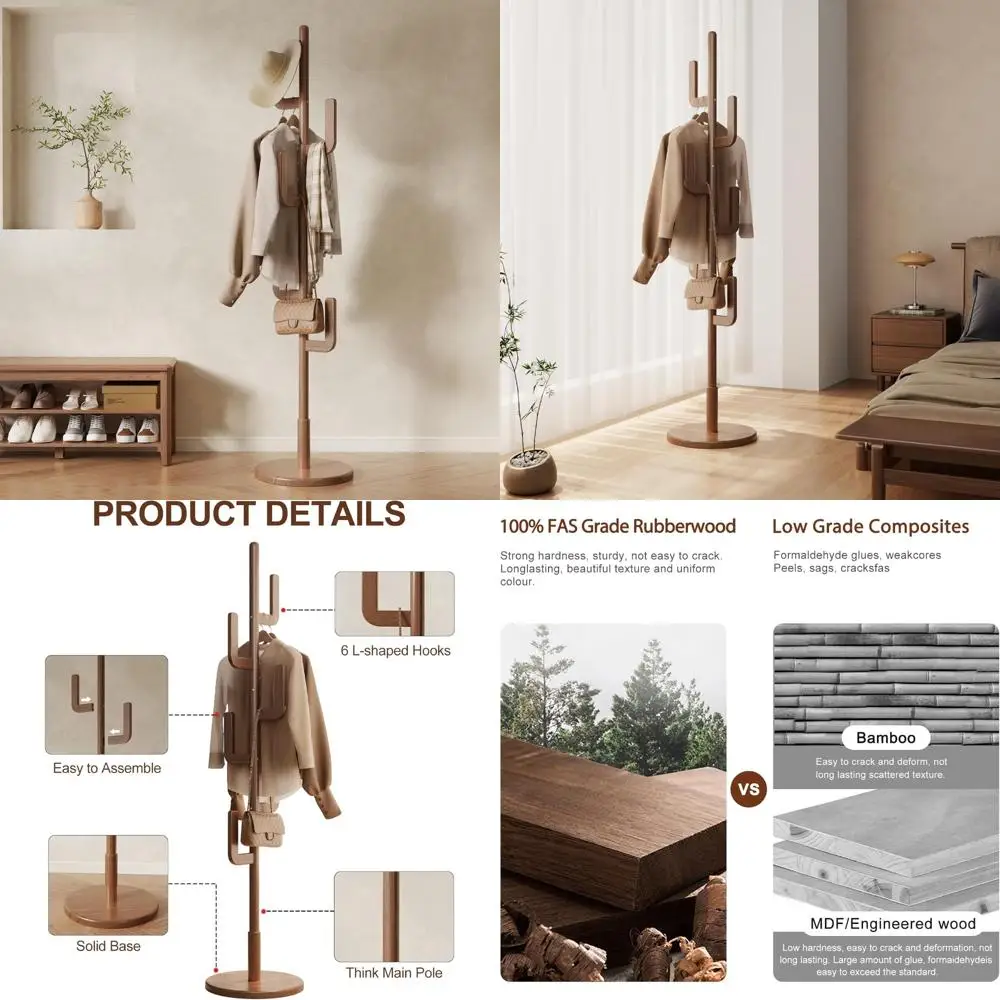 

Solid Wood Cactus-Style Coat Stand with 6 Hooks and Adjustable Heights for Home Entryways and Bedrooms