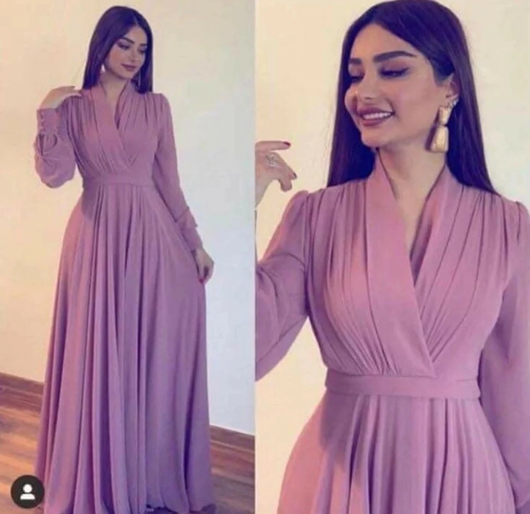 

Romantic Pink Chiffon V-Neck A-Line Long Sleeves Prom Dresses Zipper Back Robe De Soiree Floor Length 2024 Formal Evening Gowns