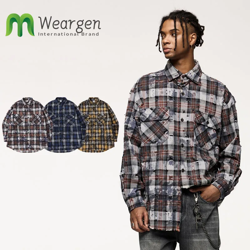 

Men Clothing Destroyed Irregular Raw Edge Shirt Autumn and Winter Trend Brand New American Hole 7073W24