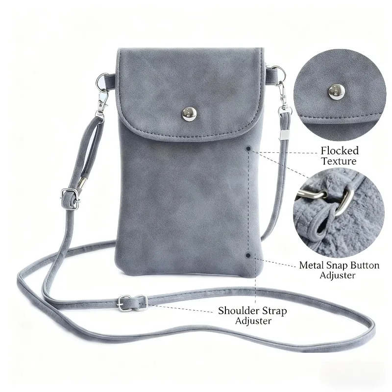 

Серая замшевая сумка через плечо с застежкой-кнопкой и регулируемым ремешком Компактная сумка для телефона и предметов первой необходимостиЖенская повседневная мини-сумка