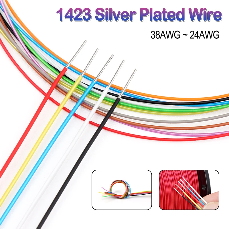 5m/10m 1423 Silver Plated Copper Wire 38/36/34/30/28/26/24AWG PVDF Silver Plated Single Core Micro Fine High Temperature Cable