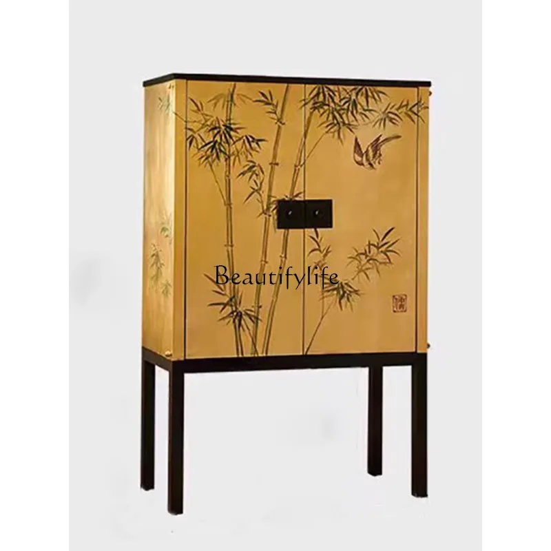 

Modern New Chinese Solid Wood Entrance Cabinet French Retro American Light Luxury Gold Foil Collection Side Cabinet