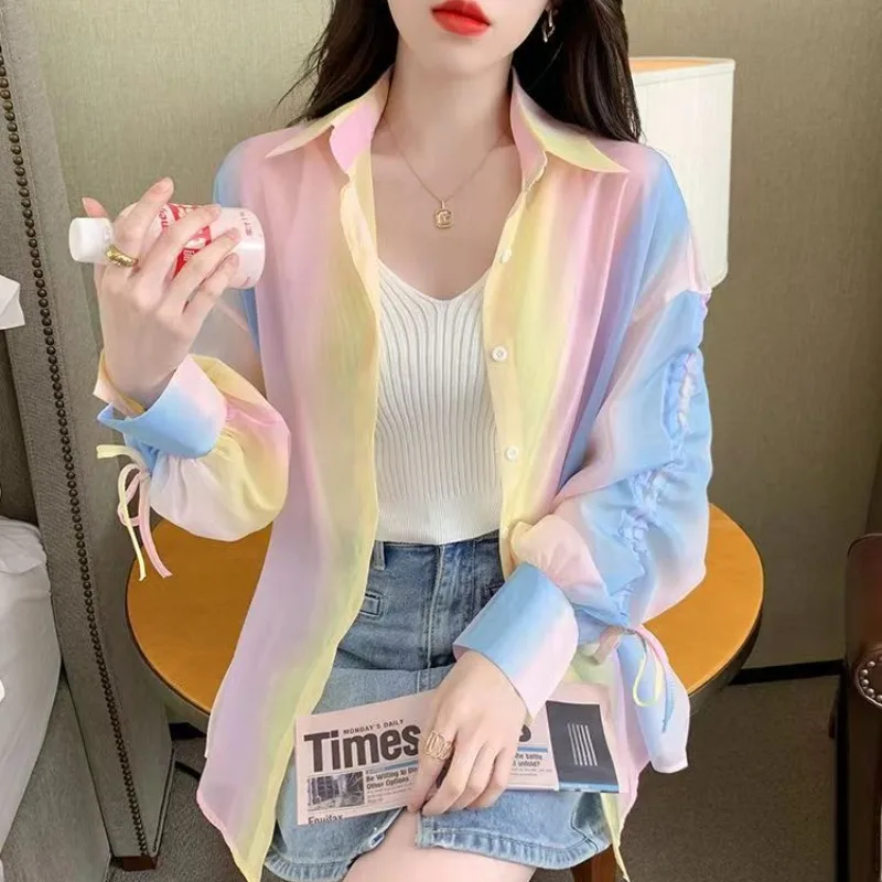 Women's Summer Thin Korean Commuter Rainbow Sunscreen Shirt Bow Drawstring Long Sleeve Loose Polo-Neck Cardigan Button Coat Tops