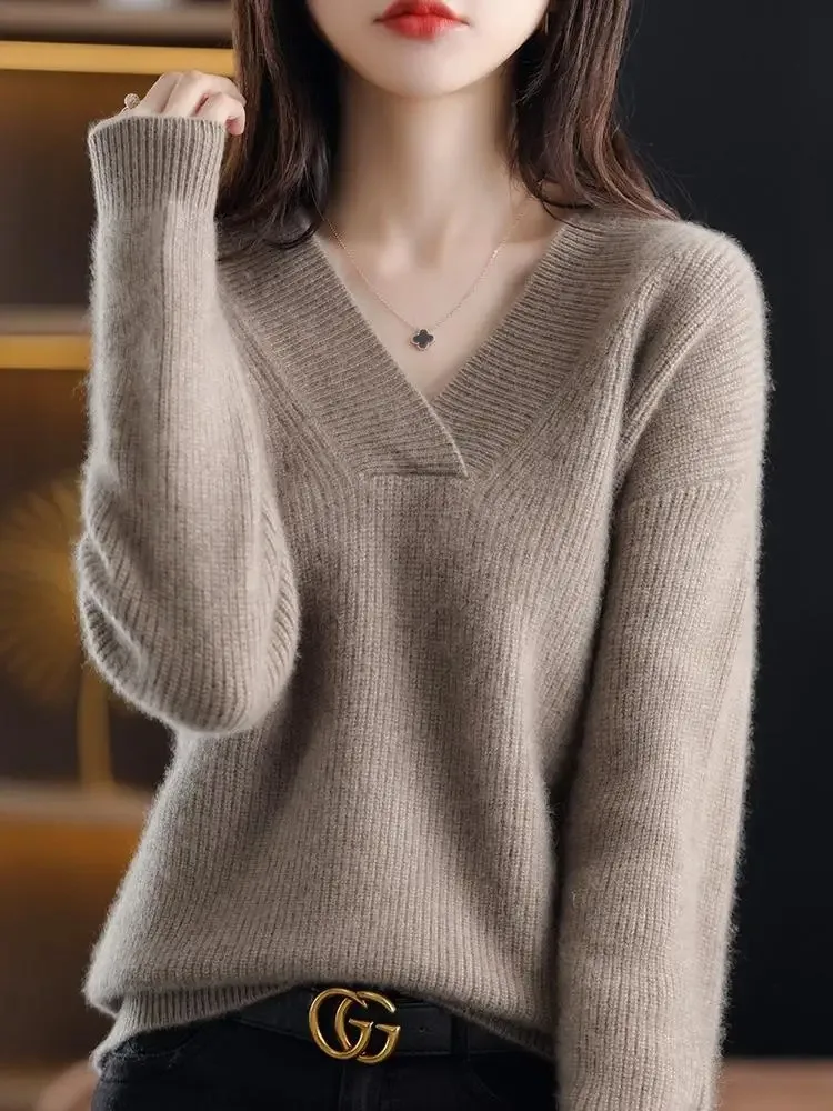 

2025 Fall Women Long Sleeve Loose Knitted Top Winter Elegant Casual Solid Color Pullover Sweater V-neck Korean Style Knitwear