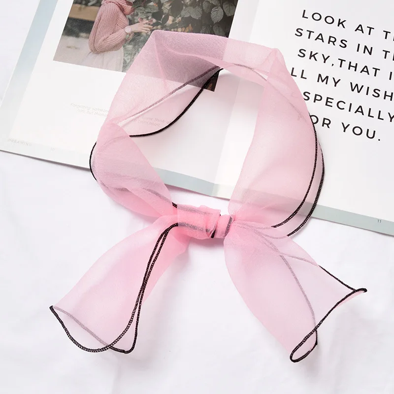 17x90CM Women Thin Organza Scarf Narrow Long Neck Scarves Silk Candy Color Transparent Chiffon Headband Wavy Tie Hair Band