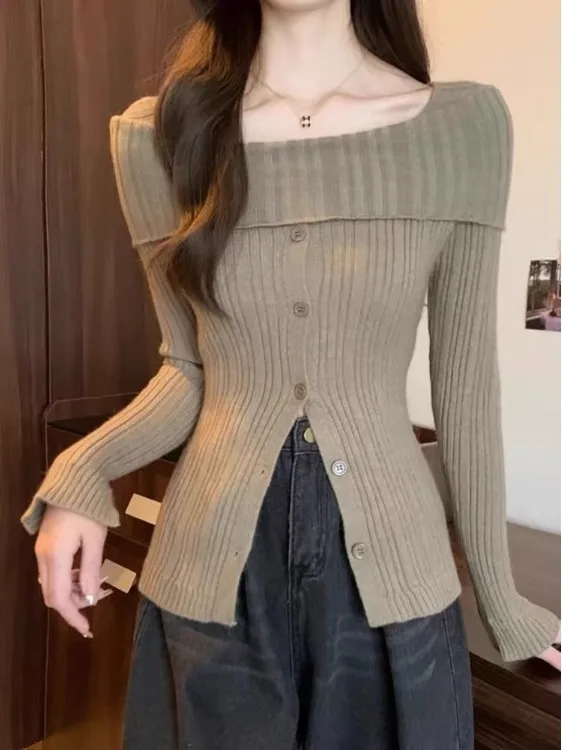 Chic ort oulder Bared Base Layer irt Ropa interior de mujer Suéter de punto Cárdigan abierto Sli Top para Otoño Invierno