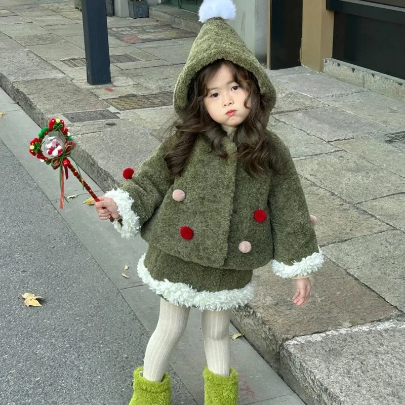 Korean Children's Clothing Girls' Christmas Green Set Autumn and Winter Baby Warm Hooded Cloak Jacket Two-piece Skirt Set