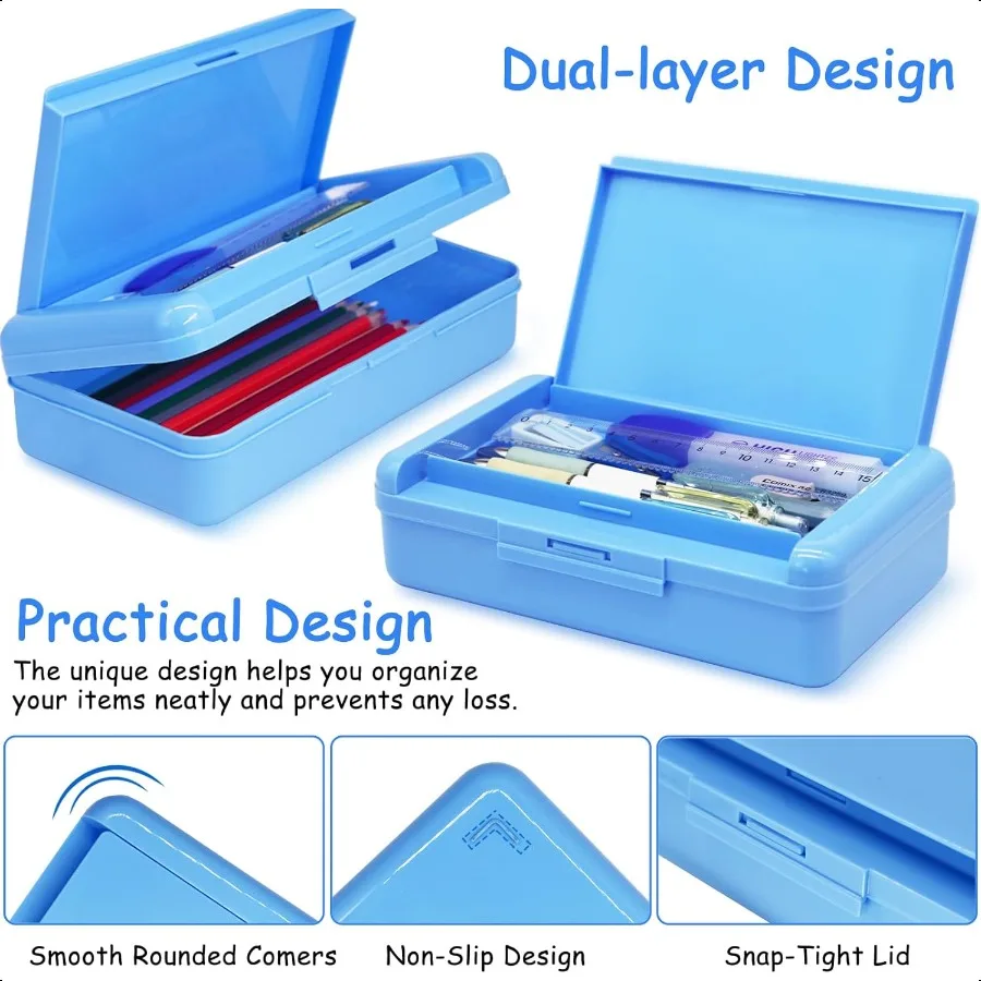 Double Layer Pencil Box Hard Pencil case 2 Compartments Plastic Large Capacity Pencil Case with Snaptight Lid Hard Storage Orga