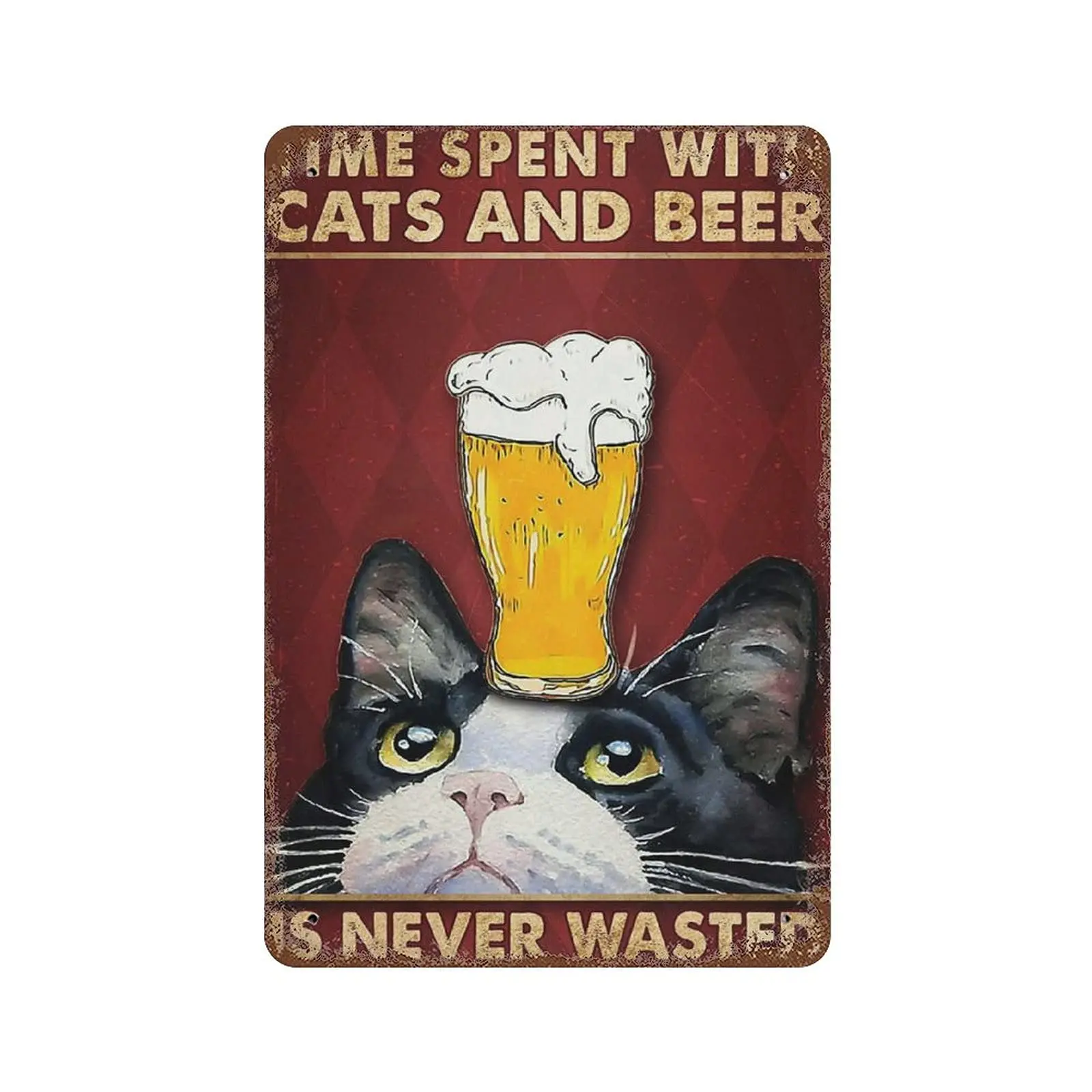Vintage Metal Tin Sign Plaque,Time Spent with Cats and Beer is Never Wasted,Man cave Pub Club Cafe Home Decor Plate，Birthday An