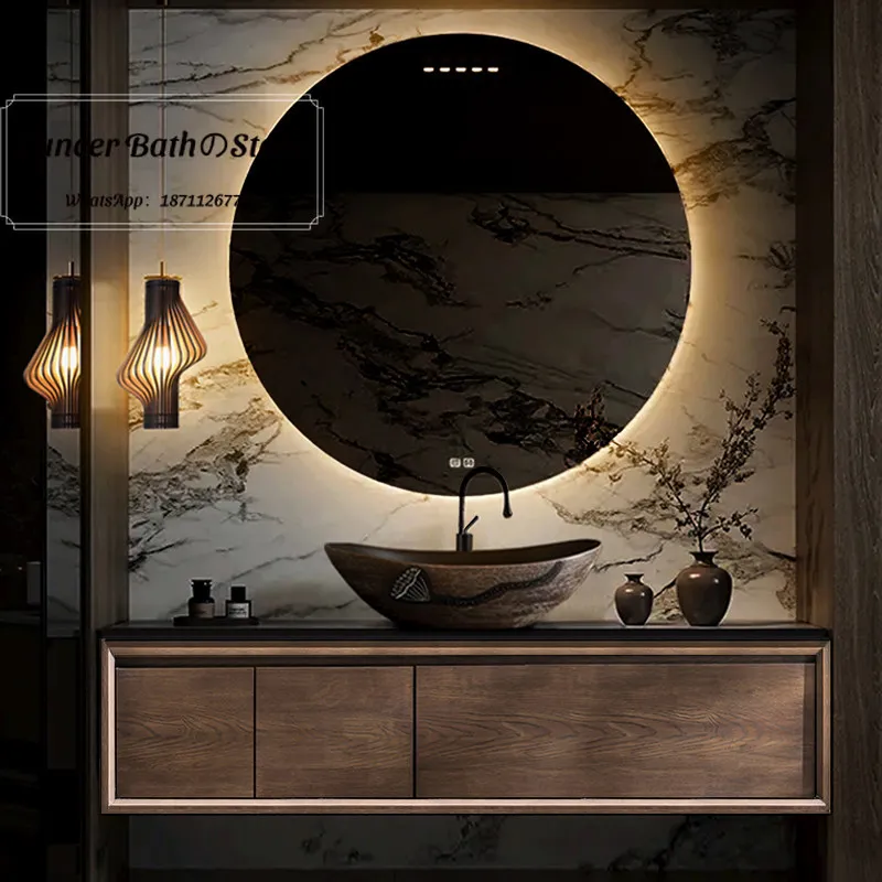 Retro Song Dynasty & Japanese Wabi-Sabi Vanity, Natural Log Red Oak Wood Integrated Above Counter Wash Basin Cabinet