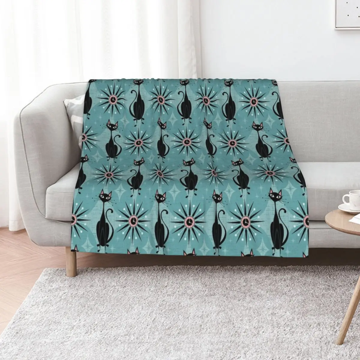 Mid Century Cat and Clocks - Blue Throw Blanket for winter Hairy Decoratives Sofa Decorative Sofas Vintage Blankets