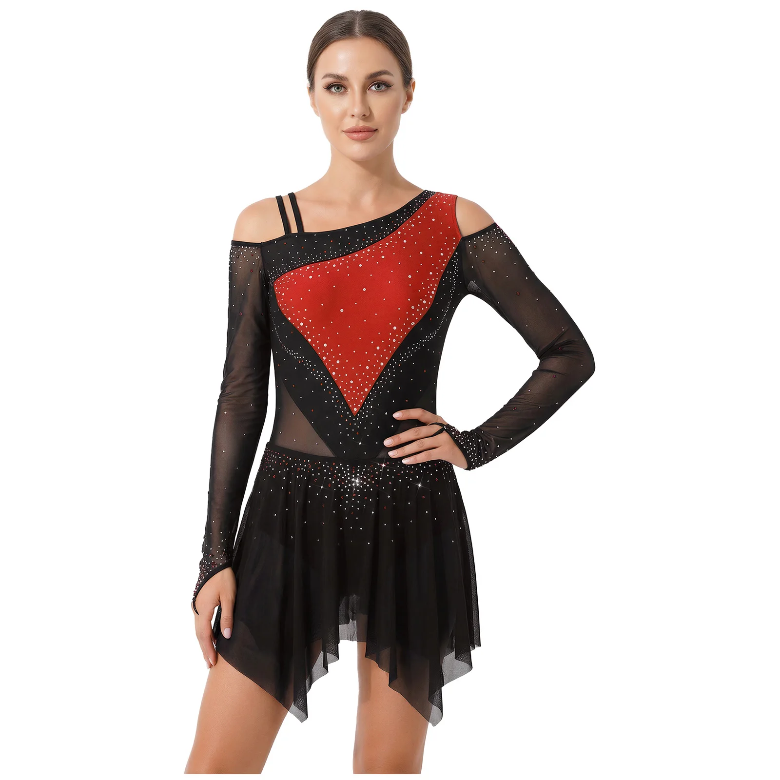 Donne Pattinaggio di Figura Ginnastica Ritmica Body Vestito Asimmetrico Diviso Lucido Strass Vestito Ballerina Costume di Ballo Lirico