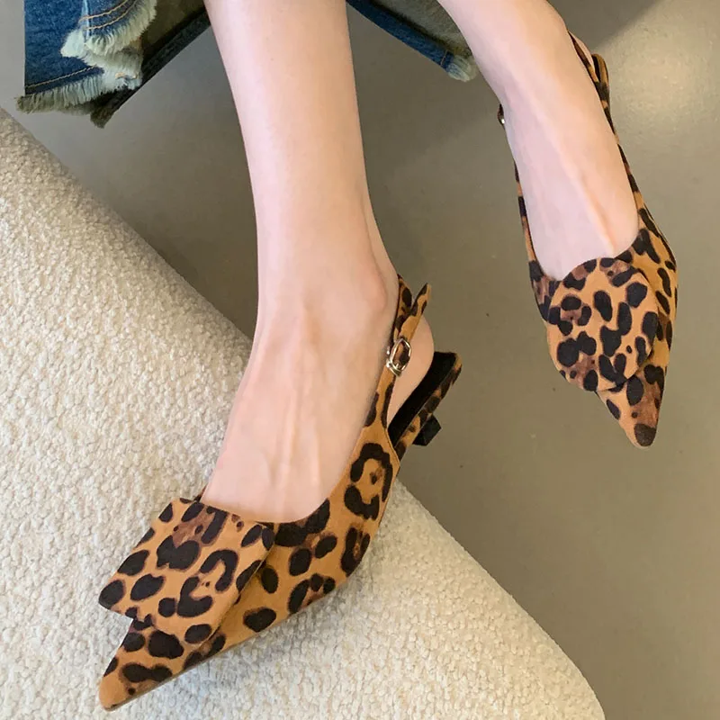 Fashion Shallow Women Low Heel Pumps Shoes Leopard Print Footwear Female Pointed Toe Ladies Heeled Sandals Shoes New In 2024