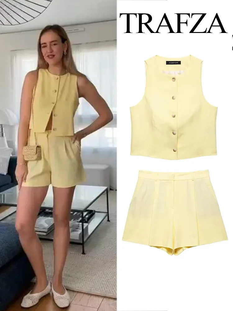 

TRAFZA Women's Summer Solid Fashion Line Single Breasted Vest Sleeveless Crew Neck Top+Blended High Waist Casual Zipper Shorts
