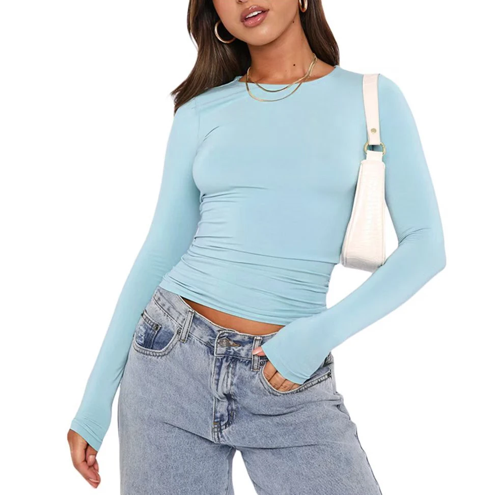 Camiseta informal de manga larga para mujer, Jersey ajustado de Color puro, Europa y Estados Unidos, primavera y otoño