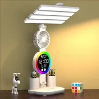 Multifunction Table Lamp LED Four-headed Folding with Fan Calendar Clock USB Rechargeable Desk Light Reading Lamp Night Light