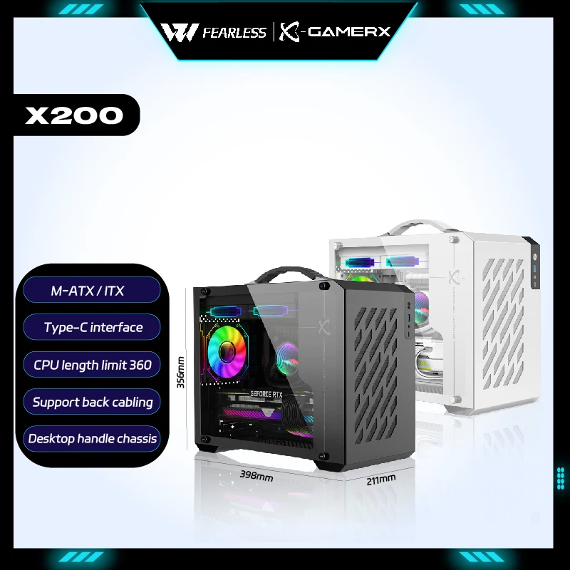 XGAMERX Power Train X200 PC case MATX Side Transparent 240 Water Cooled Type-C MINI-ITX  Desktop Computer Case gabinetes gamer