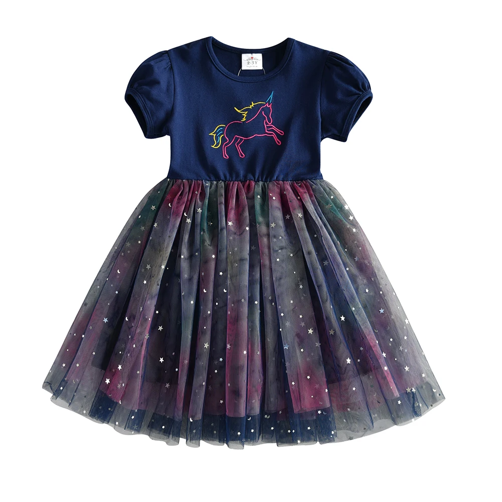 VIKITA Kids Summer Short Sleeve Princess Dress Girls Gradient Unicorn Embroidery Dress Children Birthday Party Casual Dresses