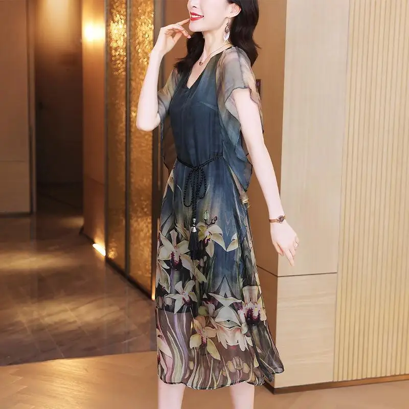 Fashion Female Clothing V-Neck Floral Printing Short Sleeve Elegant Lace Up Design Ruffles Waistband Simulation Silk Dress