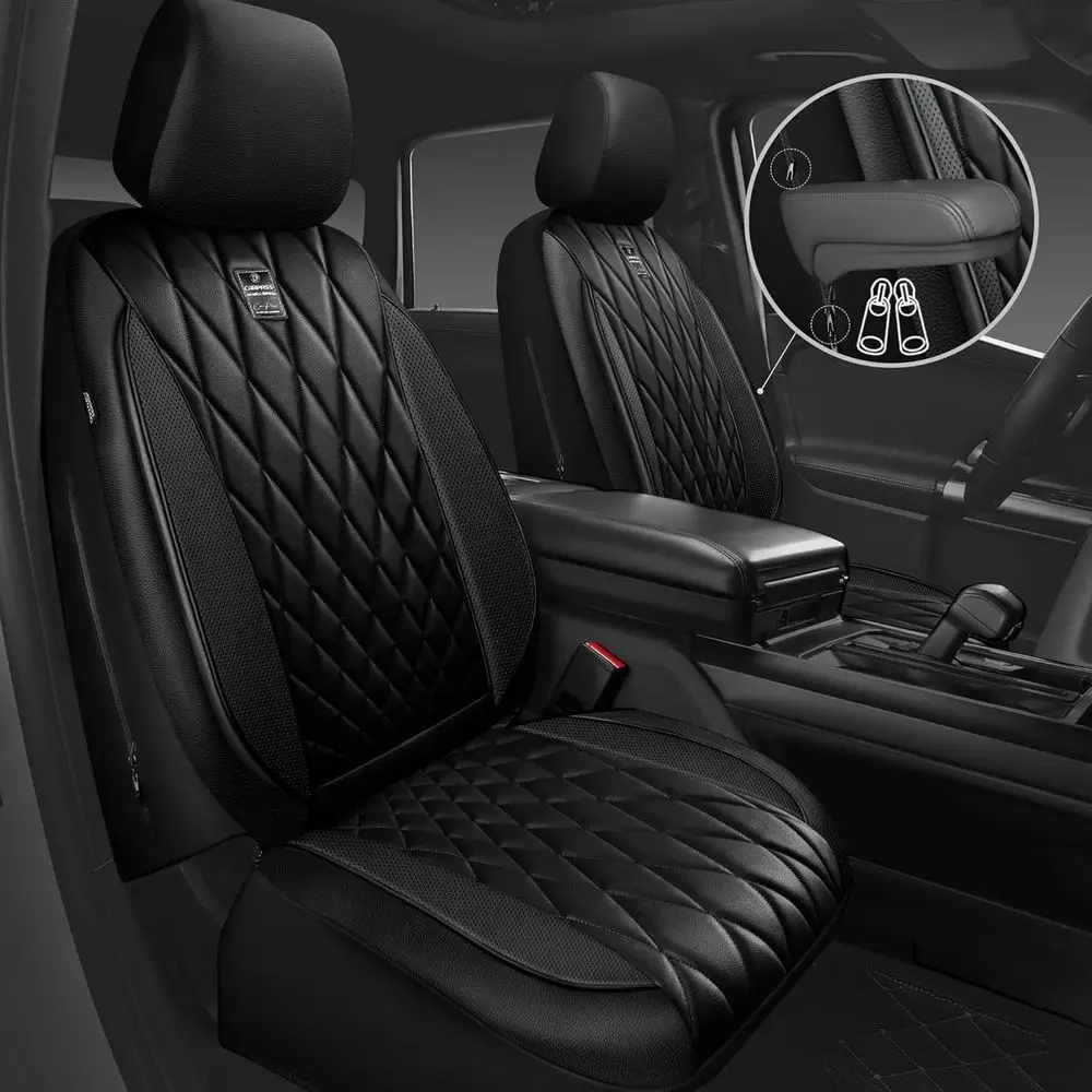5-Seat Luxury Faux Leather Seat Covers Set, Anti-Slip Waterproof, Compatible with Front Armrests, for Sedans, SUVs, Trucks, Blac